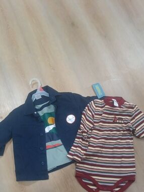 Boys Gymboree Navy Jacket with Burgundy & Cream Striped Bodysuit Bundle